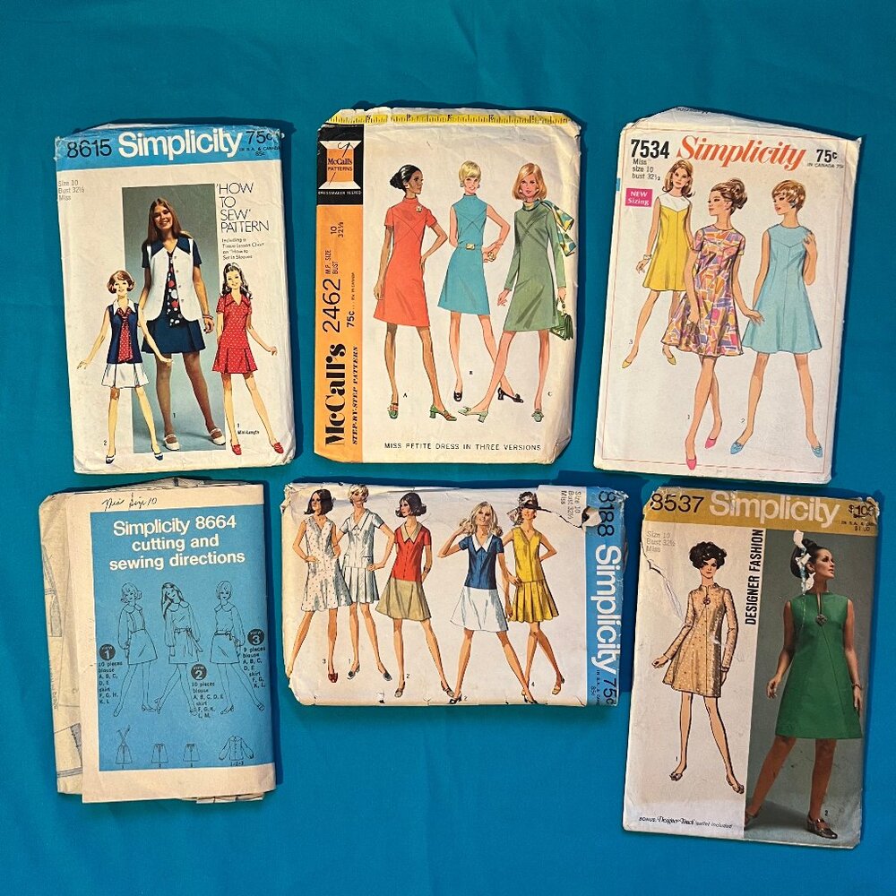 Lot of 6 Vintage 60s 70s Sewing Patterns Size 10 Bust 32.5”